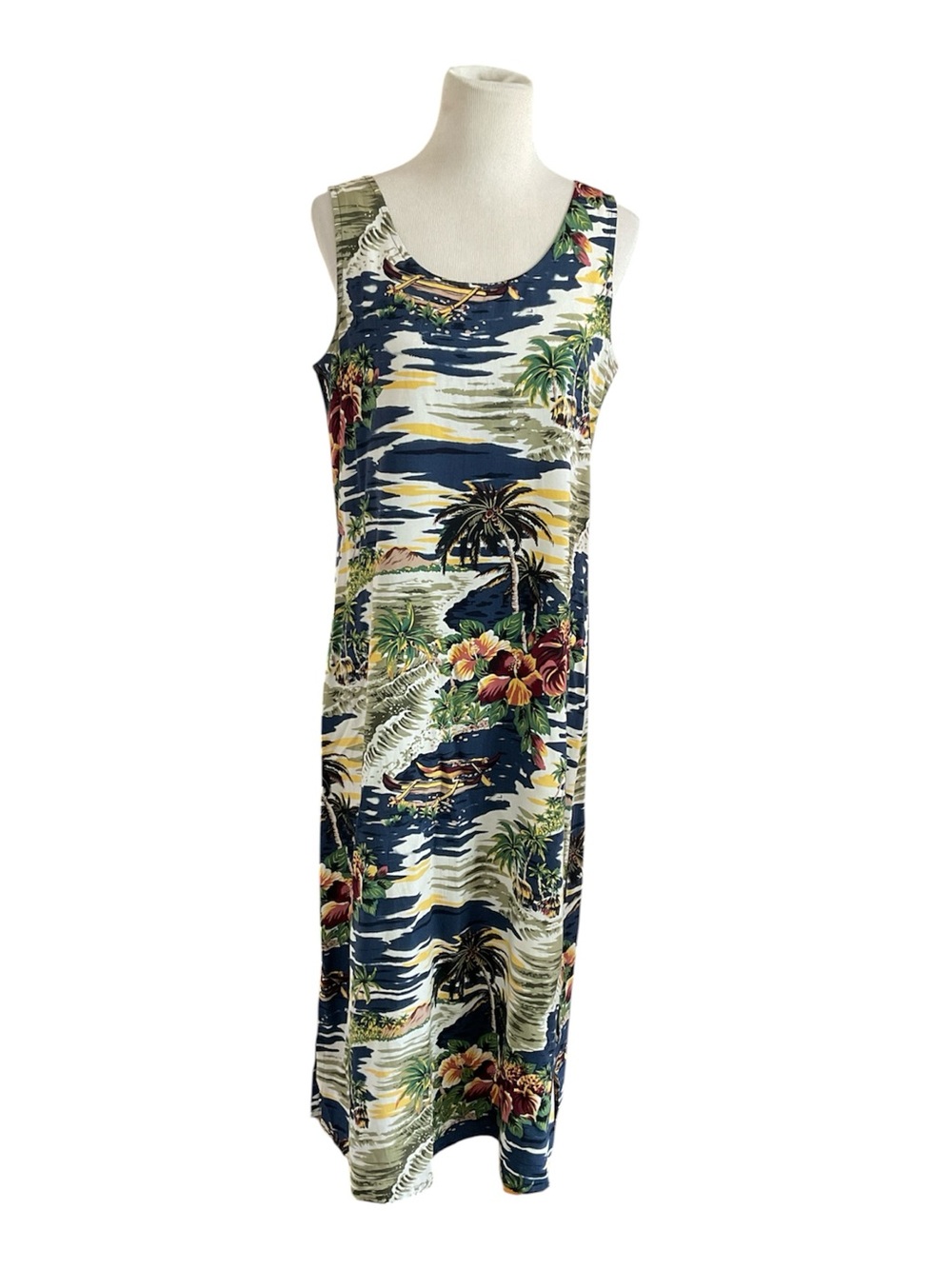 Vintage Hilo Hattie Hawaiian Dress MIDI Tank Scenic Outrigger Floral Blue M - Picture 1 of 6